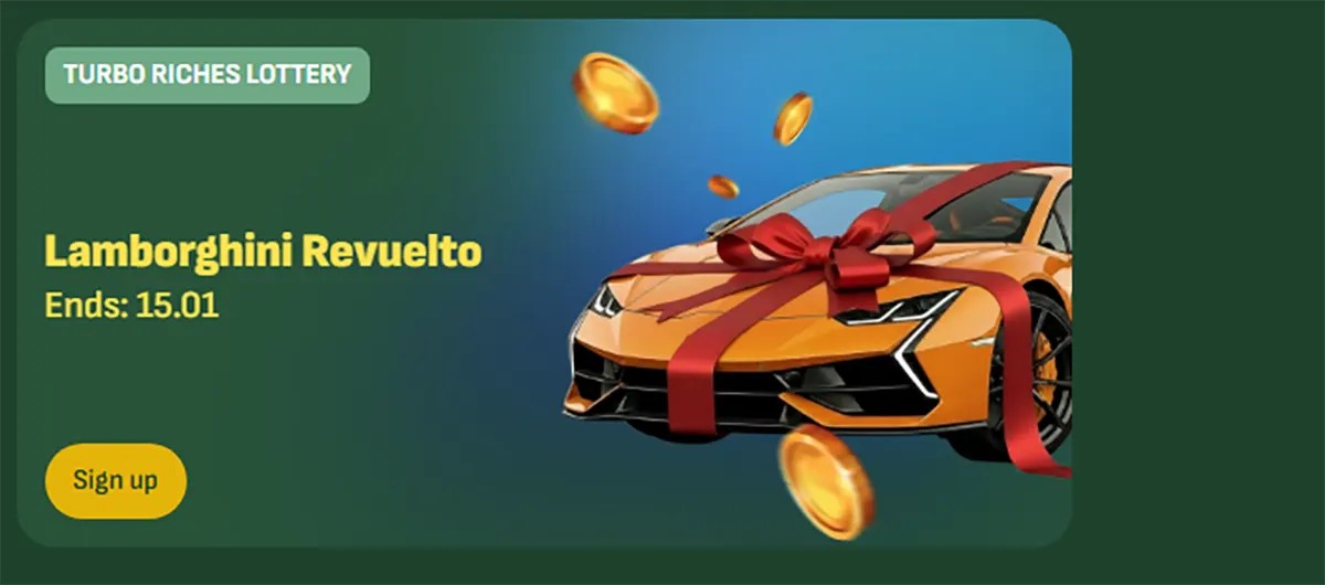 Promotional casino banner for the Turbo Riches Lottery featuring a Lamborghini Revuelto wrapped with a red ribbon, floating gold coins, an end date of 15.01, and a “Sign up” button on a green background.