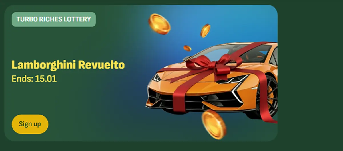Promotional casino banner for the Turbo Riches Lottery featuring a Lamborghini Revuelto wrapped with a red ribbon, floating gold coins, an end date of 15.01, and a “Sign up” button on a green background.