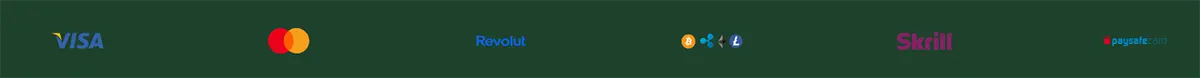 Payment methods strip showing Visa, Mastercard, Revolut, cryptocurrency icons, Skrill, and Paysafecard logos on a dark green background.